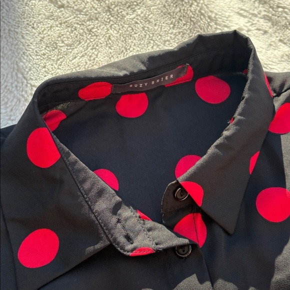 Suzy Shier Black Red Polka Dot Tunic Top Size M | Retro Y2K Button Down Blouse - Picture 3 of 7